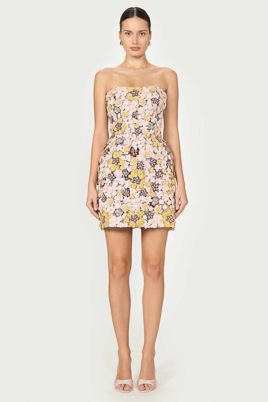 NEW COSTARELLOS sirra embroidered strapless mini dress in beige